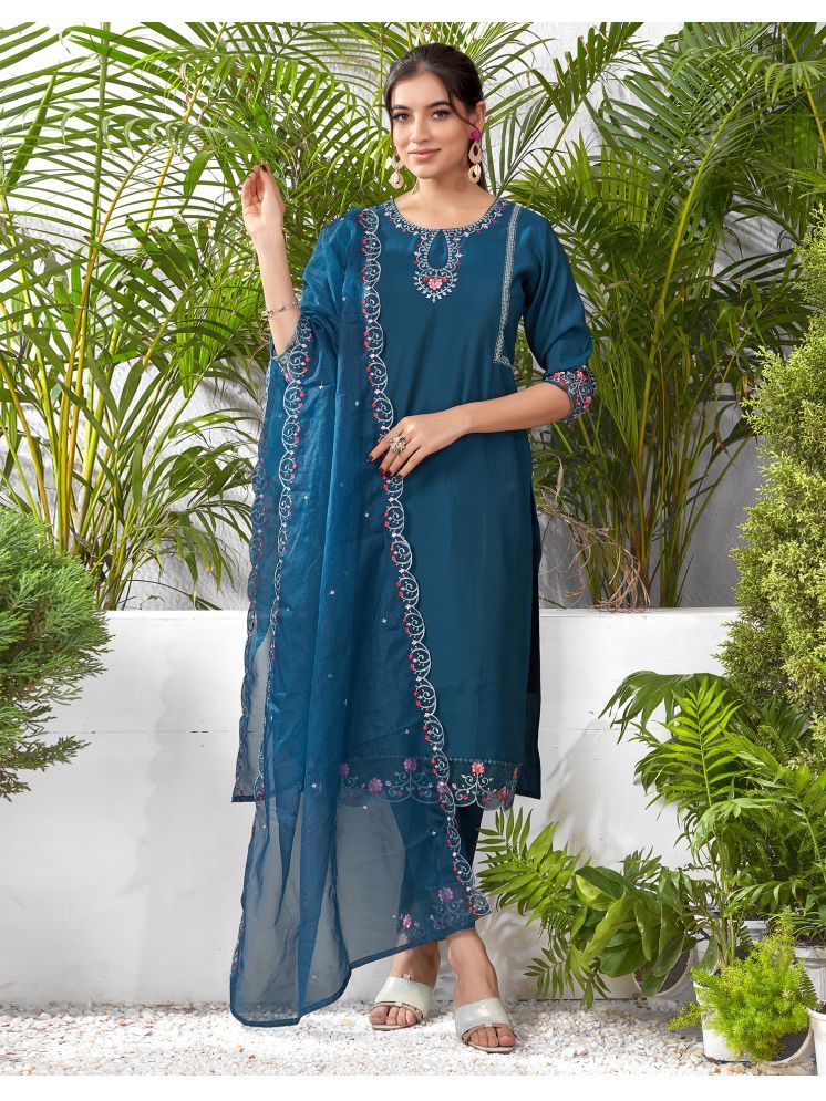     			Skylee Silk Blend Embroidered Kurti With Pants Women's Stitched Salwar Suit - Teal ( Pack of 1 )