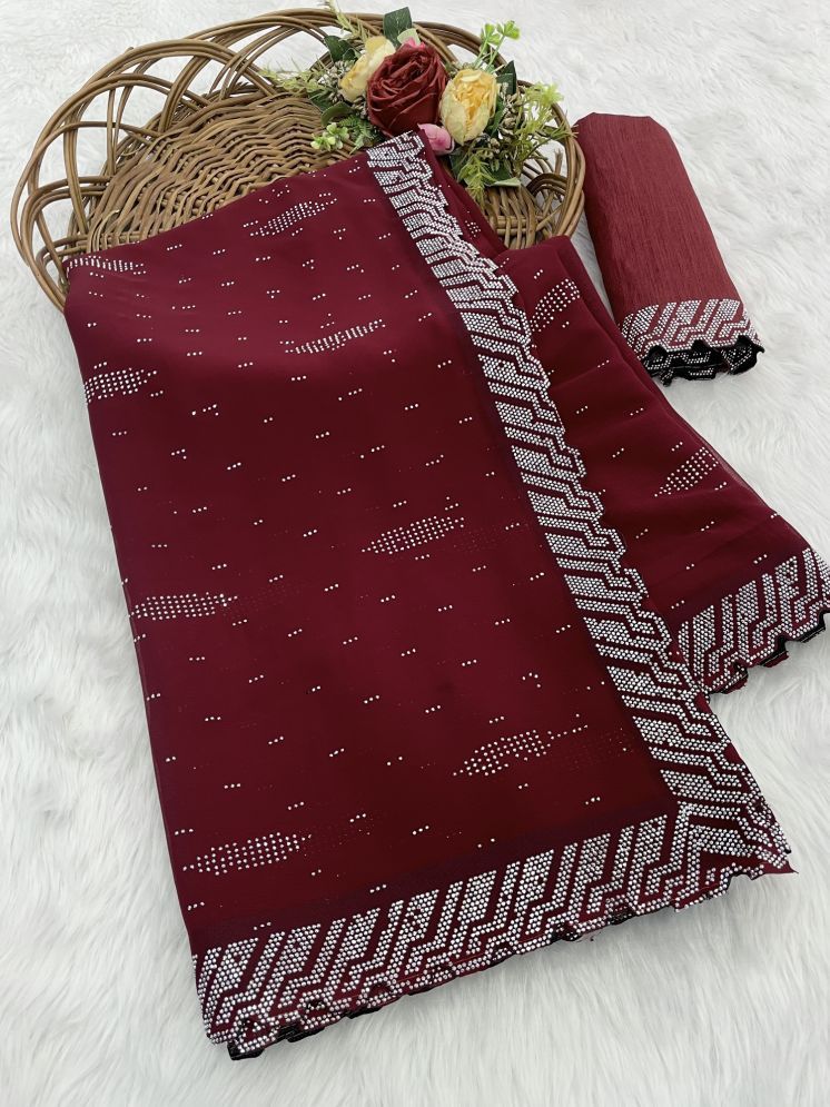     			VEERAIVA Georgette Embellished Saree With Blouse Piece - Maroon ( Pack of 1 )