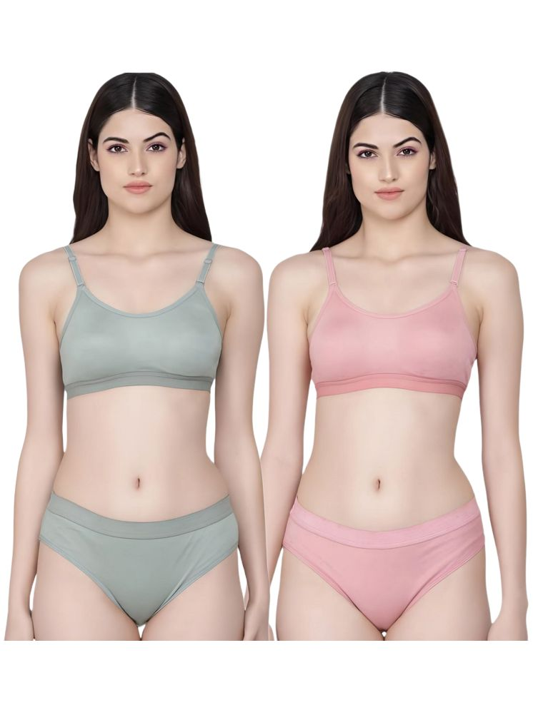     			FVCO Green,Pink Sports Bra Cotton Blend Women's Bra & Panty Set ( Pack of 2 )