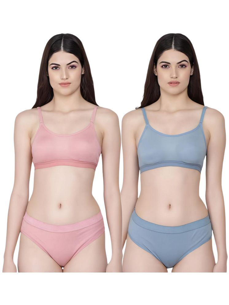     			FVCO Pink,Blue Sports Bra Cotton Blend Women's Bra & Panty Set ( Pack of 2 )