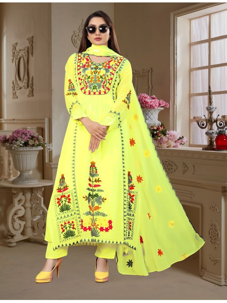     			Gazal Fashions Georgette Embroidered Kurti With Pants Women's Stitched Salwar Suit - Yellow ( Pack of 1 )