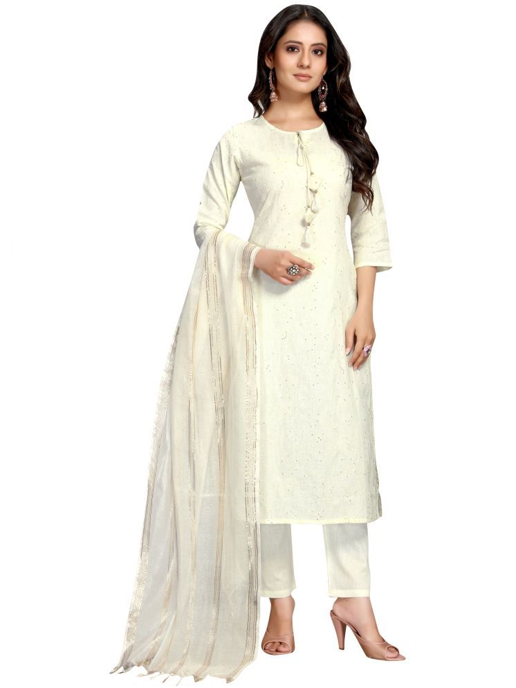     			Rajnandini Cotton Embroidered Kurti With Pants Women's Stitched Salwar Suit - Off White ( Pack of 1 )