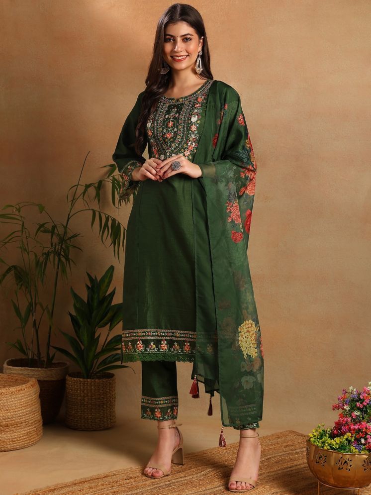     			Vaamsi Silk Blend Embroidered Kurti With Pants Women's Stitched Salwar Suit - Green ( Pack of 1 )