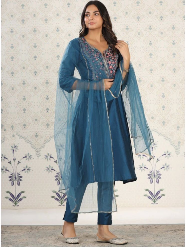     			Vividvibe Chanderi Embroidered Kurti With Pants Women's Stitched Salwar Suit - Blue ( Pack of 1 )