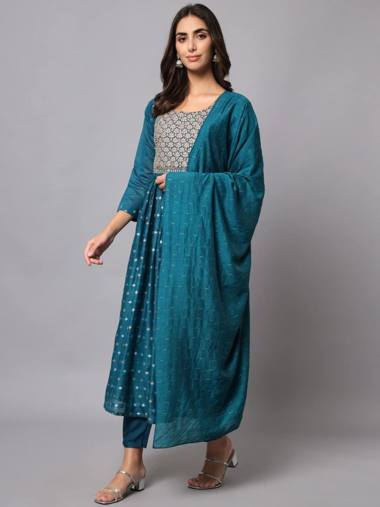     			VredeVogel Chanderi Embroidered Kurti With Pants Women's Stitched Salwar Suit - Teal ( Pack of 1 )