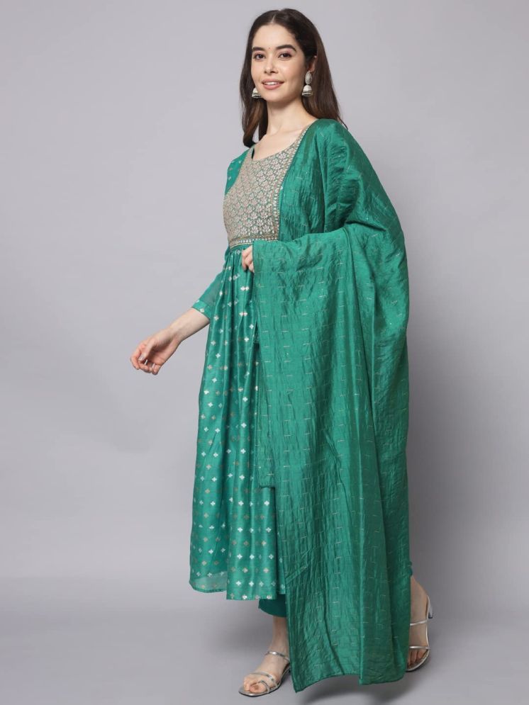     			VredeVogel Chanderi Embroidered Kurti With Pants Women's Stitched Salwar Suit - Green ( Pack of 1 )