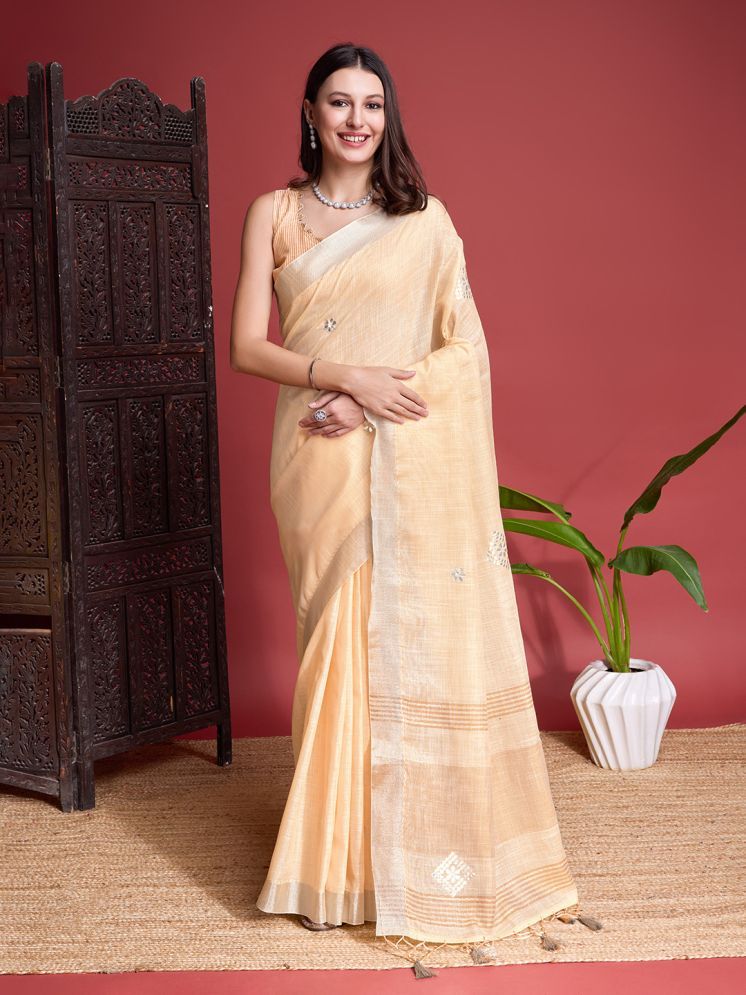     			Rekha Maniyar Linen Self Design Saree With Blouse Piece - Orange ( Pack of 1 )