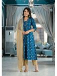 Juniper Cotton Blend Printed Kurti With Pants Women's Stitched Salwar Suit - Blue ( Pack of 1 )