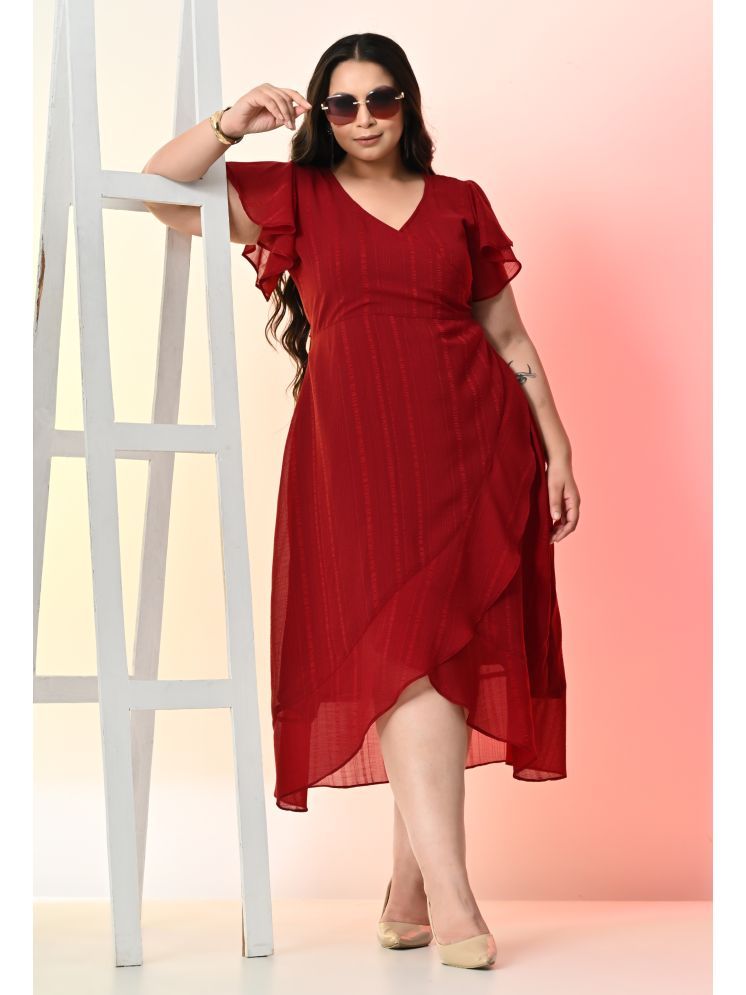     			PrettyPlus by Desinoor.com Georgette Self Design Midi Women's Fit & Flare Dress - Maroon ( Pack of 1 )