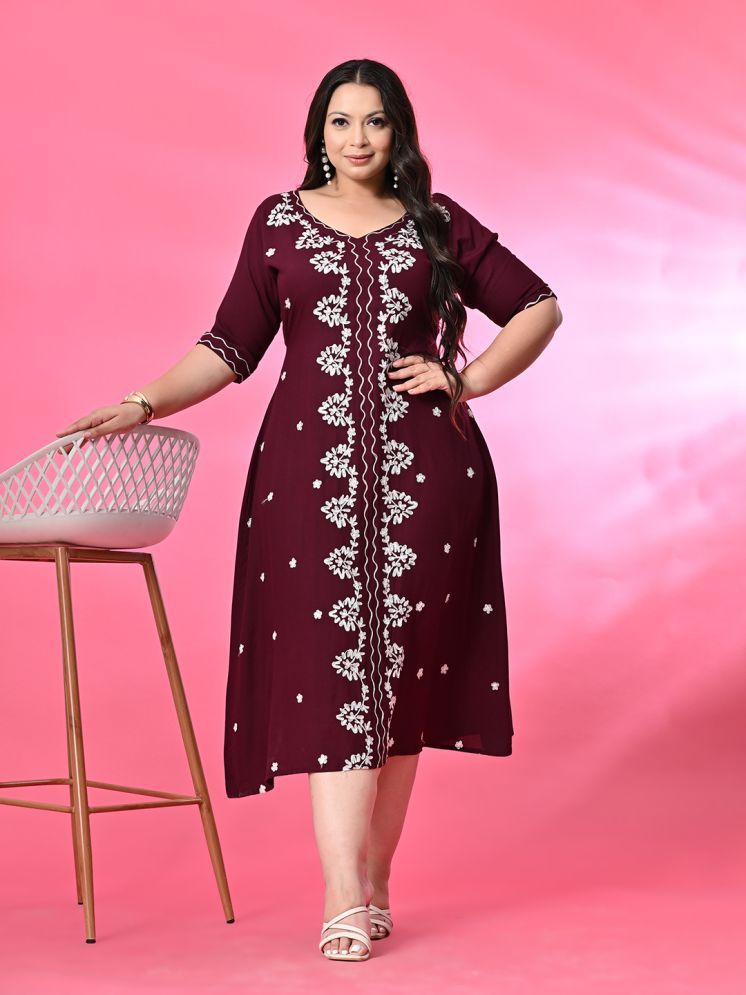     			PrettyPlus by Desinoor.com Rayon Embroidered Midi Women's A-line Dress - Wine ( Pack of 1 )