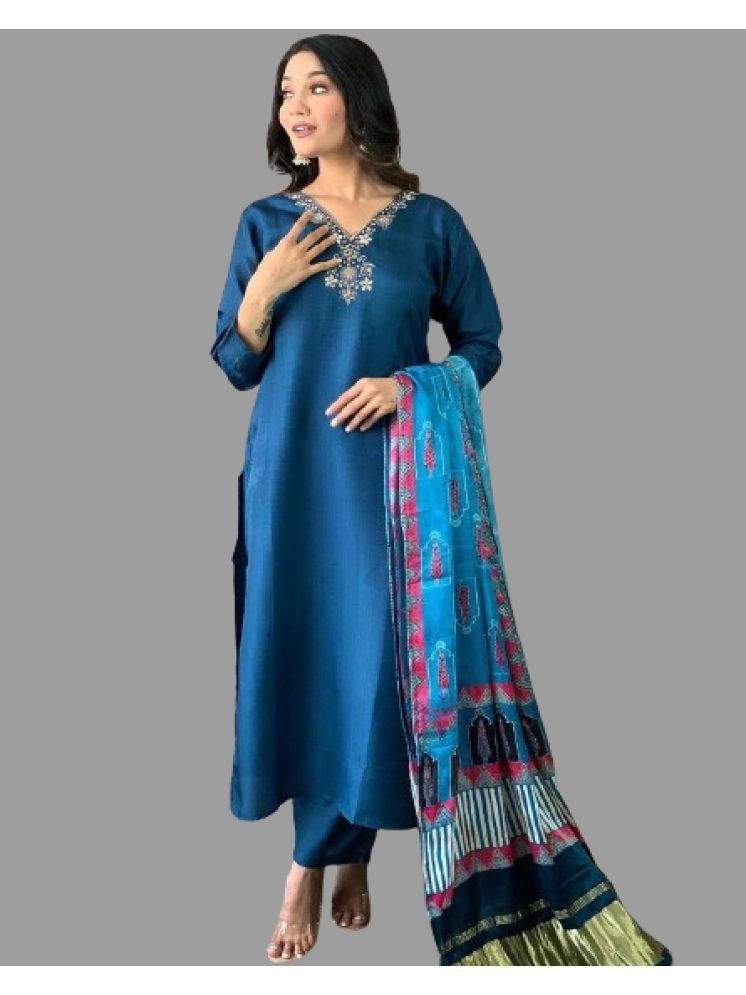     			VARNI VESH Cotton Silk Embroidered Kurti With Pants Women's Stitched Salwar Suit - Blue ( Pack of 1 )