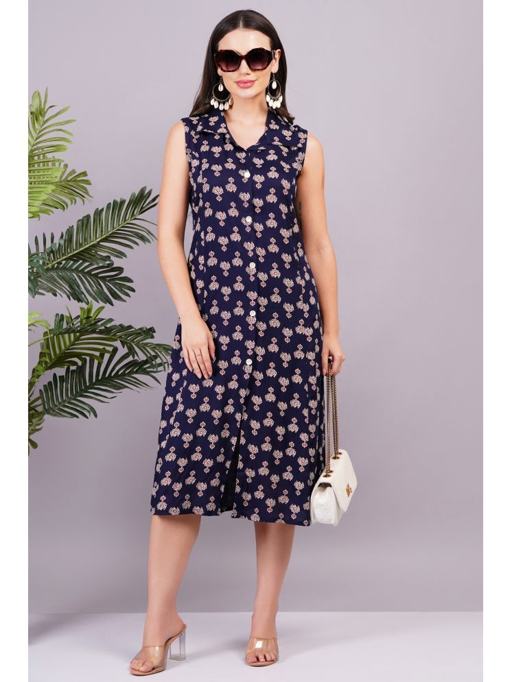     			JC4U Rayon Printed Midi Women's Shirt Dress - Navy Blue ( Pack of 1 )