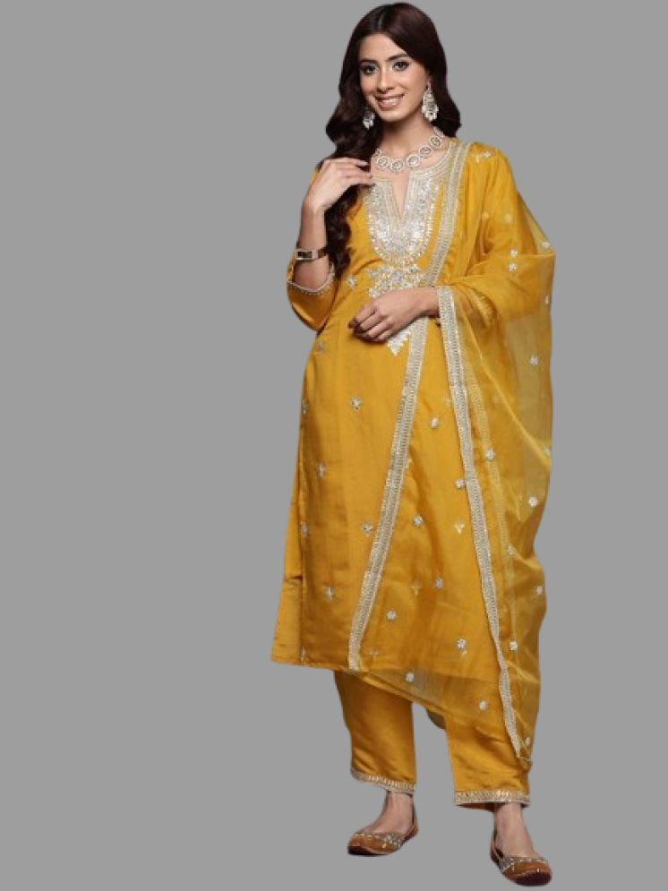     			VARNI VESH Cotton Silk Embroidered Kurti With Pants Women's Stitched Salwar Suit - Mustard ( Pack of 1 )