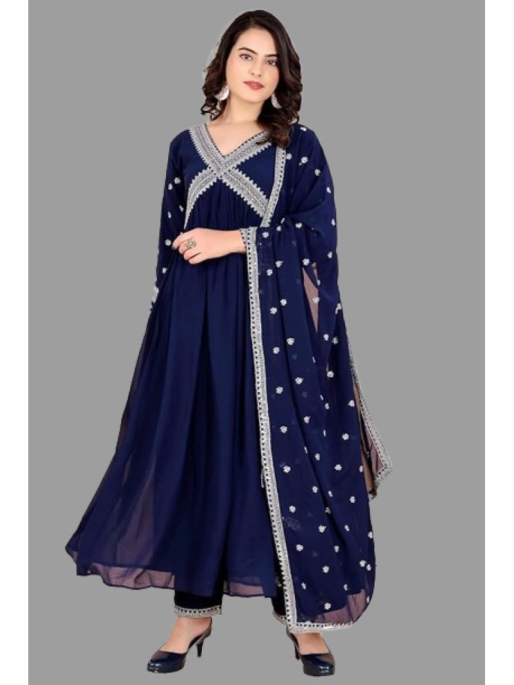     			VARNI VESH Georgette Embroidered Kurti With Pants Women's Stitched Salwar Suit - Navy ( Pack of 1 )