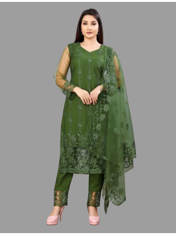     			VARNI VESH Net Embroidered Kurti With Pants Women's Stitched Salwar Suit - Olive ( Pack of 1 )