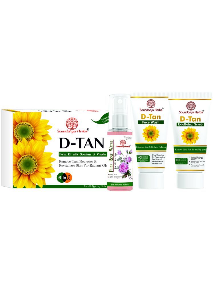     			Soundarya Herbs D tan Facial kit, D tan Face Wash, D tan Scrub & Pure Rose Water skin care combo pack  of 4 | Suitable for All Skin Types || Fights Sun Tan, Dark Spots, and Sun Spots | Even Nourishes and Protects Skin from UV Rays.