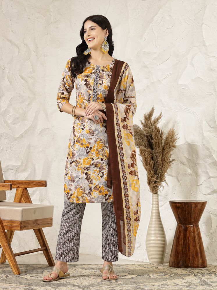     			Stylum Cotton Blend Printed Kurti With Pants Women's Stitched Salwar Suit - Mustard ( Pack of 1 )