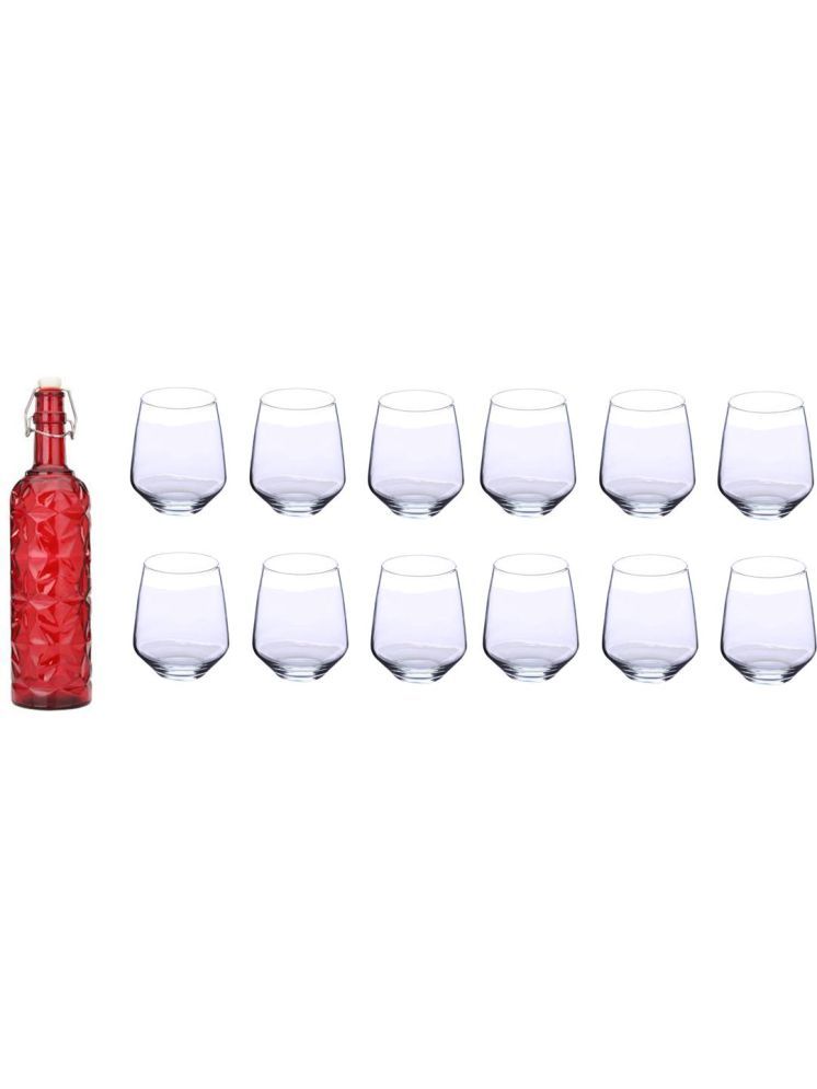     			1st Time Glass Serving Set with Bottle Red Glass Fridge Water Bottle 350 mL ( Set of 13 )