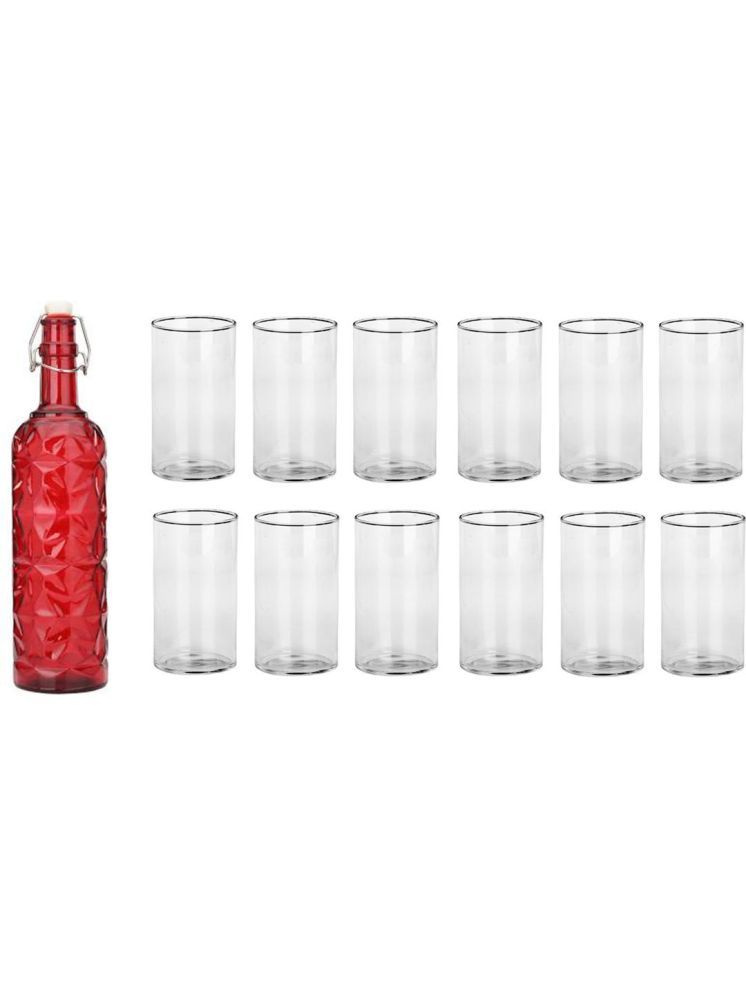     			1st Time Glass Serving Set with Bottle Red Glass Fridge Water Bottle 270 mL ( Set of 13 )