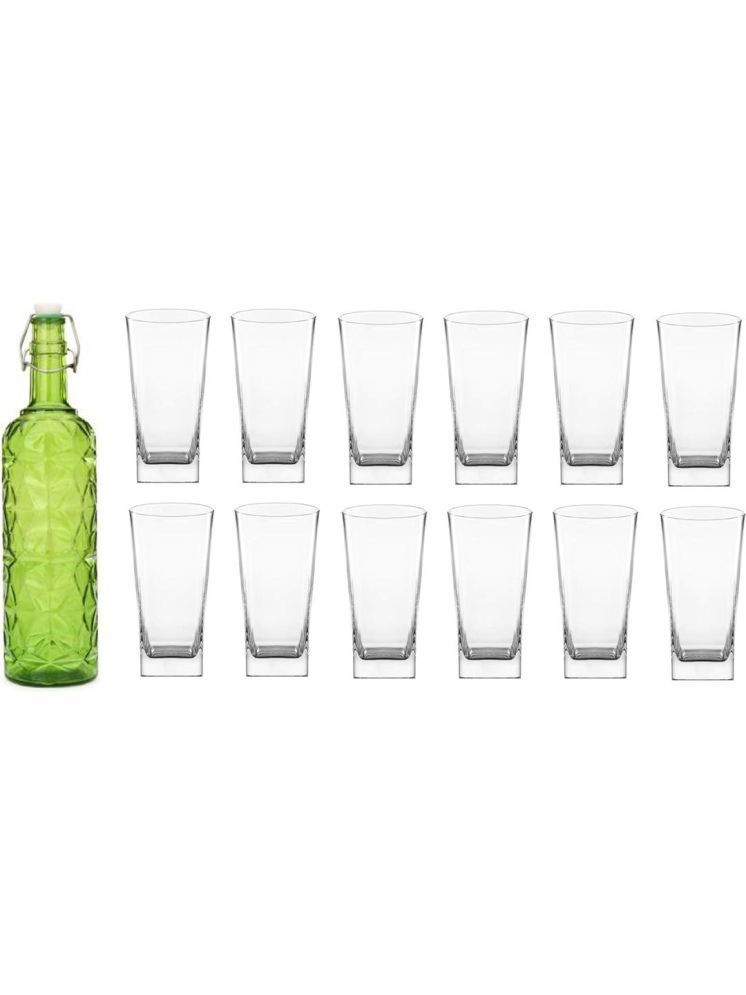     			1st Time Glass Serving Set with Bottle Green Glass Fridge Water Bottle 350 mL ( Set of 13 )