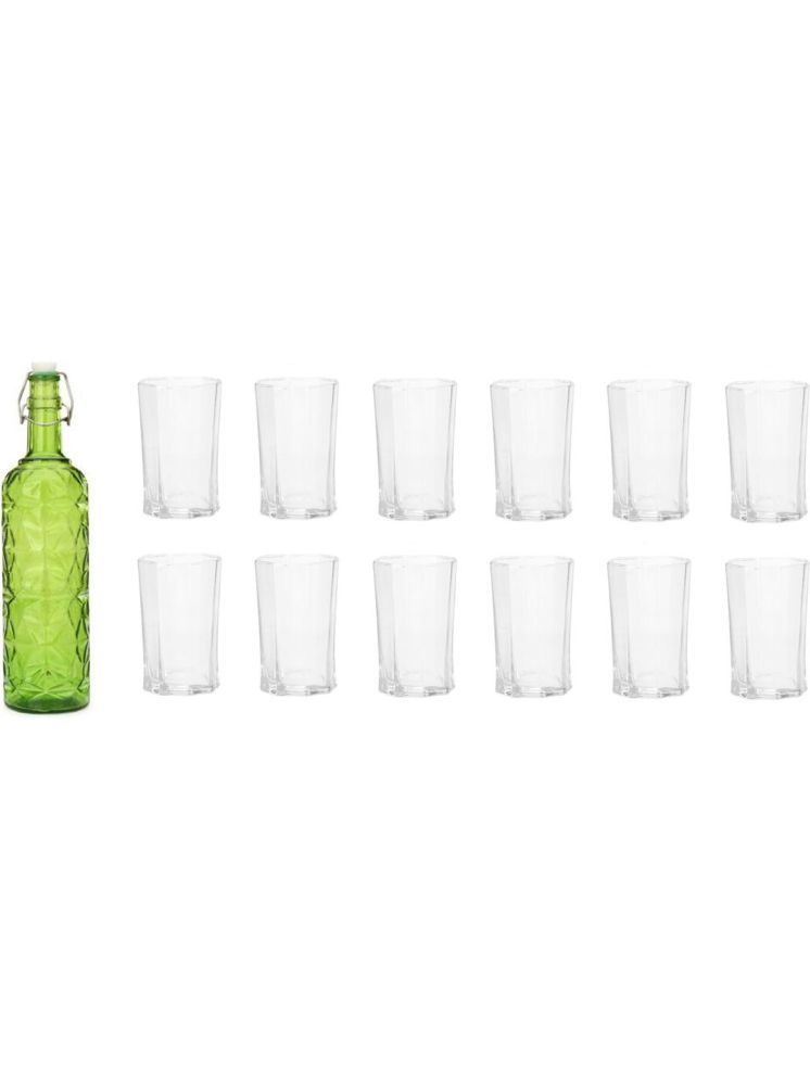     			1st Time Glass Serving Set with Bottle Green Glass Fridge Water Bottle 200 mL ( Set of 13 )