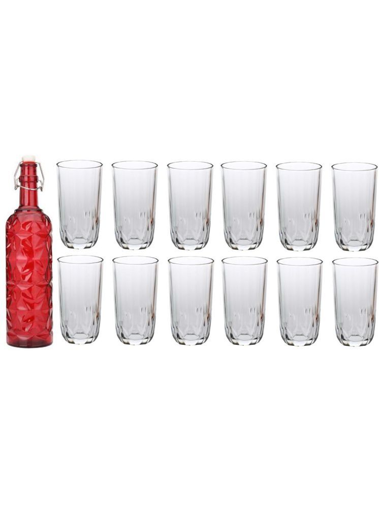     			1st Time Glass Serving Set with Bottle Red Glass Fridge Water Bottle 300 mL ( Set of 13 )