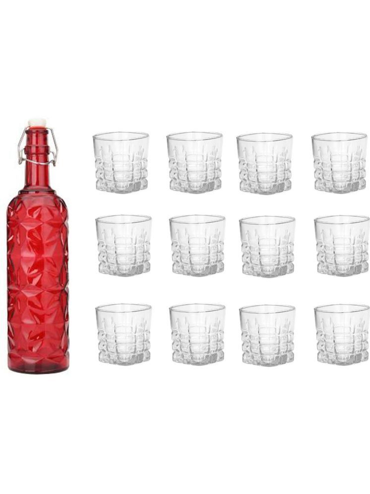     			1st Time Glass Serving Set with Bottle Red Glass Fridge Water Bottle 200 mL ( Set of 13 )