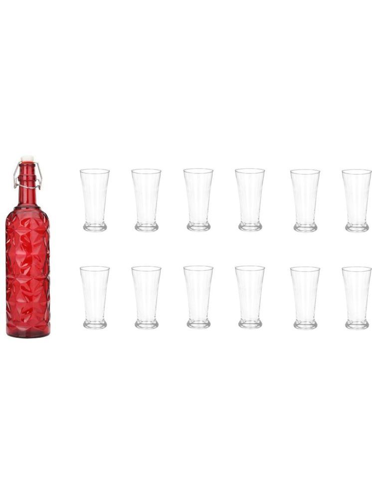     			1st Time Glass Serving Set with Bottle Red Glass Fridge Water Bottle 300 mL ( Set of 13 )