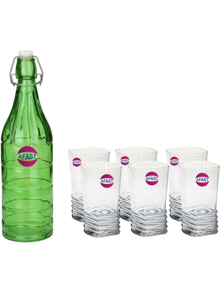     			1st Time Glass Serving Set with Bottle Multicolor Glass Fridge Water Bottle 300 mL ( Set of 7 )