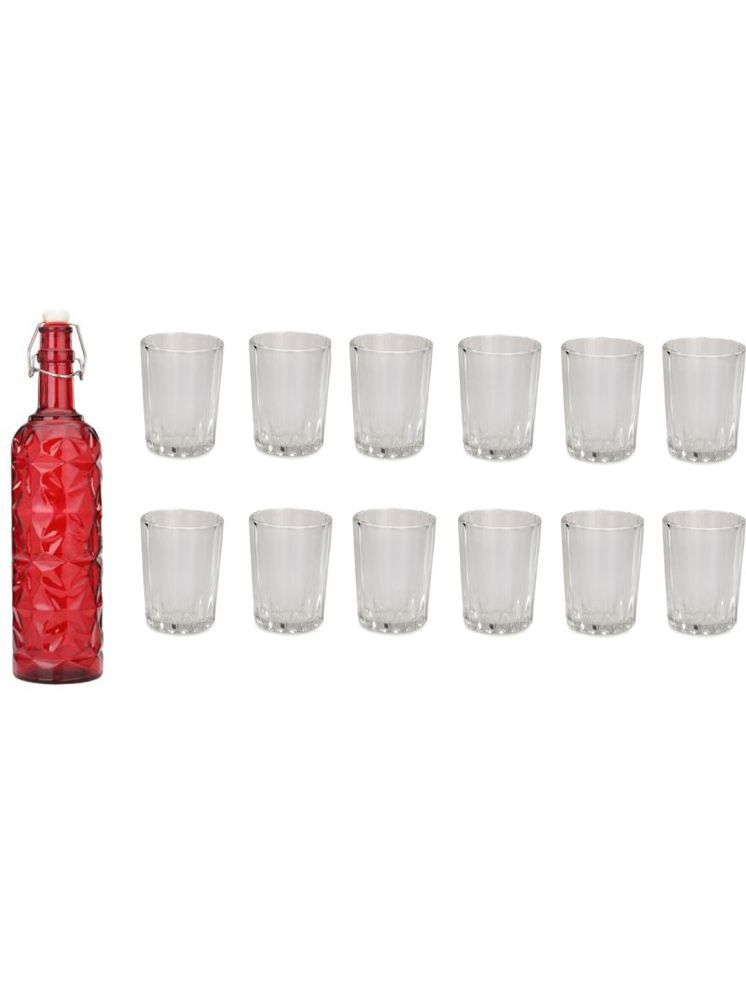     			1st Time Glass Serving Set with Bottle Red Glass Fridge Water Bottle 200 mL ( Set of 13 )