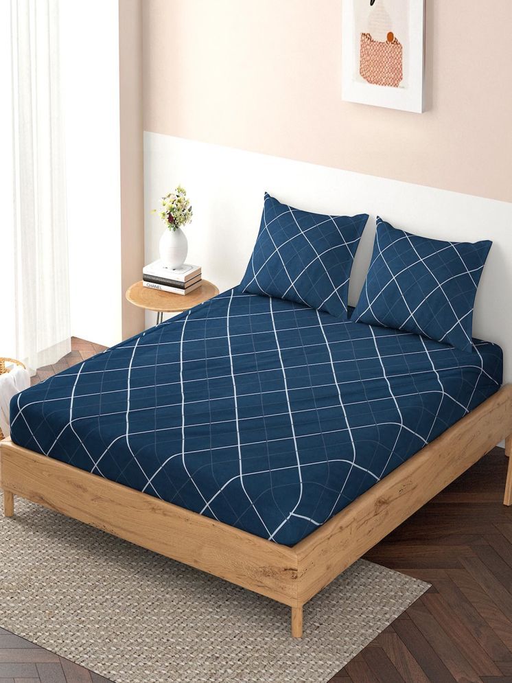     			HOKIPO Microfibre Big Checks Fitted Fitted bedsheet with 2 Pillow Covers ( Queen Size ) - Blue