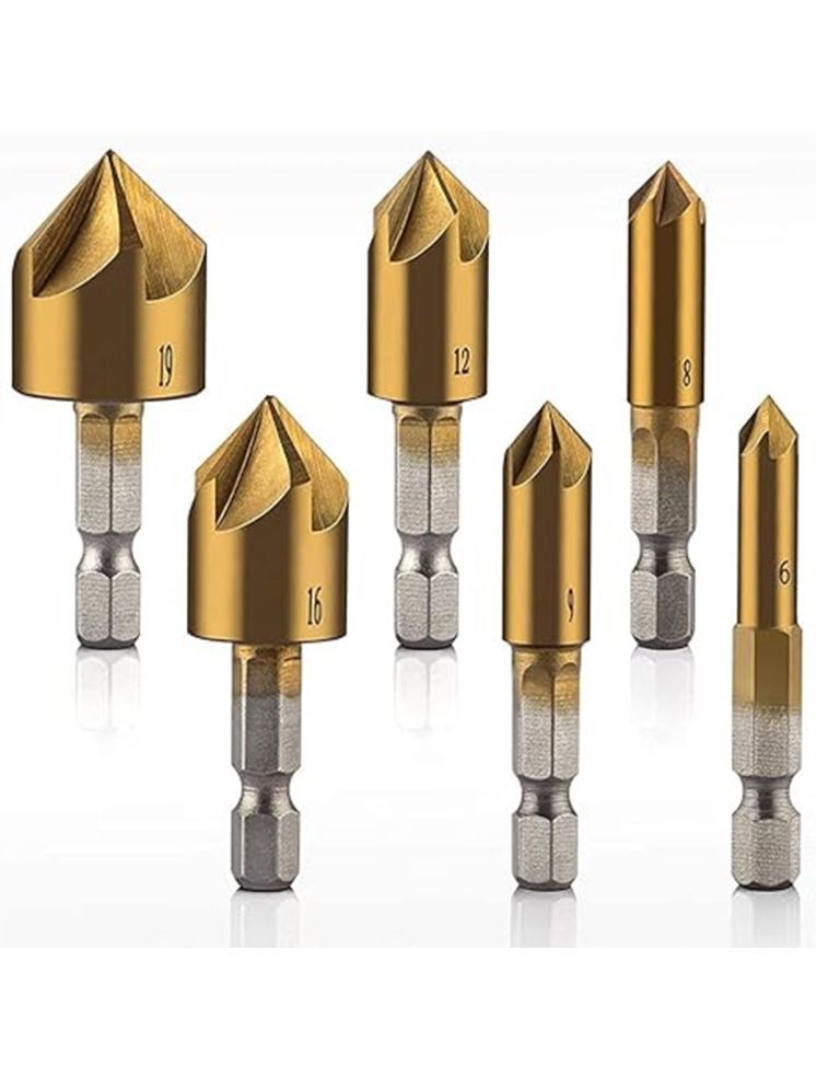     			High Speed Steel 6Set Sichumaria Countersink Drill Bit 1/4'' Hex Shank Hss 5 Flute Countersink 90 Degree Center Punch Tool Sets For Wood Quick Change Bit 6Mm-19Mm