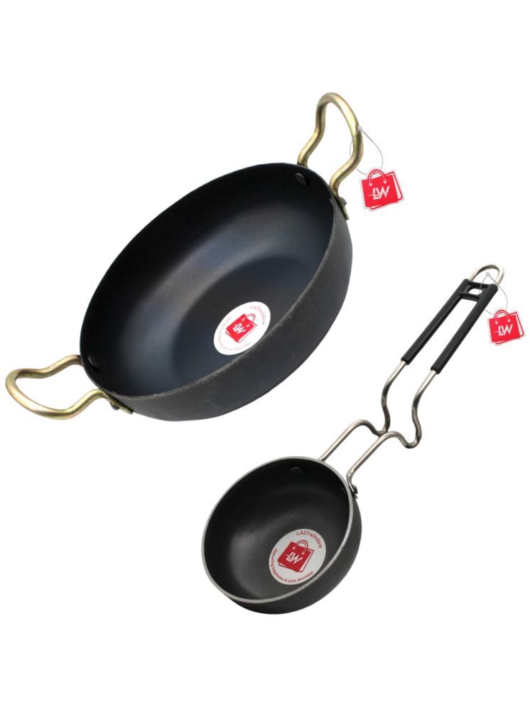     			LAZYWINDOW Kadhai And Tadka Pan Black Iron No Coating Cookware Sets ( Set of 1 )