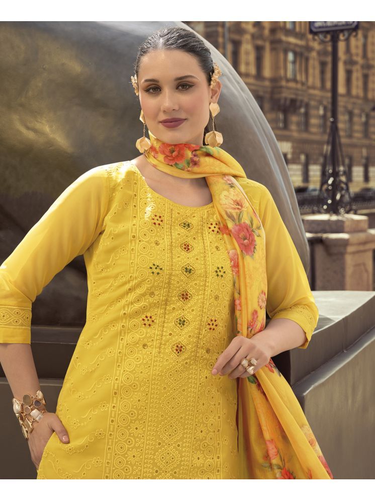     			MOJILAA Organza Embroidered Kurti With Pants Women's Stitched Salwar Suit - Yellow ( Pack of 1 )