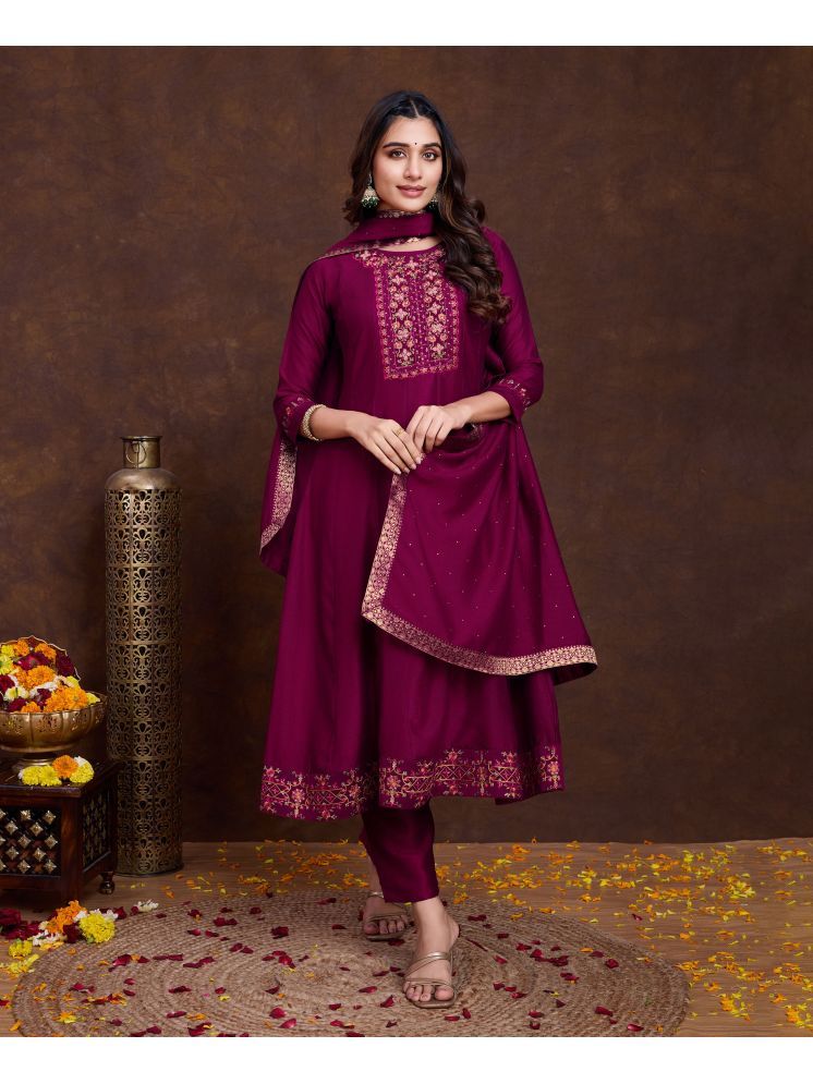     			MOJILAA Silk Embroidered Kurti With Pants Women's Stitched Salwar Suit - Burgundy ( Pack of 1 )