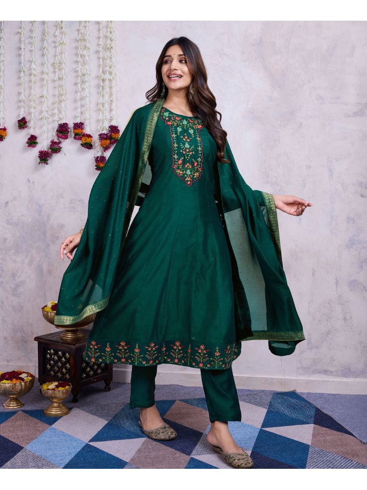     			MOJILAA Silk Embroidered Kurti With Pants Women's Stitched Salwar Suit - Green ( Pack of 1 )