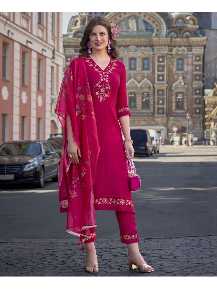     			MOJILAA Viscose Embroidered Kurti With Pants Women's Stitched Salwar Suit - Magenta ( Pack of 1 )