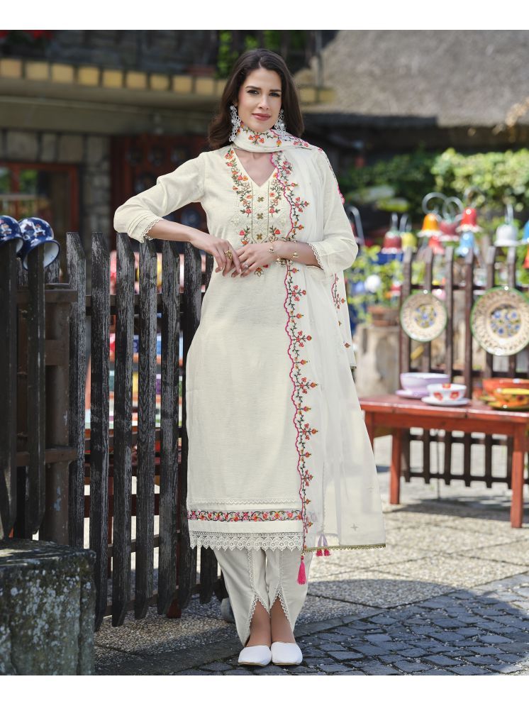     			MOJILAA Viscose Embroidered Kurti With Dhoti Pants Women's Stitched Salwar Suit - Off White ( Pack of 1 )