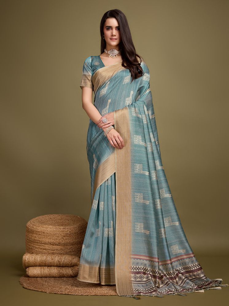     			Rekha Maniyar Silk Printed Saree With Blouse Piece - Turquoise ( Pack of 1 )