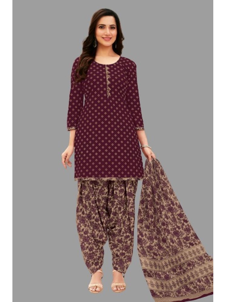     			SIMMU Cotton Printed Kurti With Patiala Women's Stitched Salwar Suit - Maroon ( Pack of 1 )