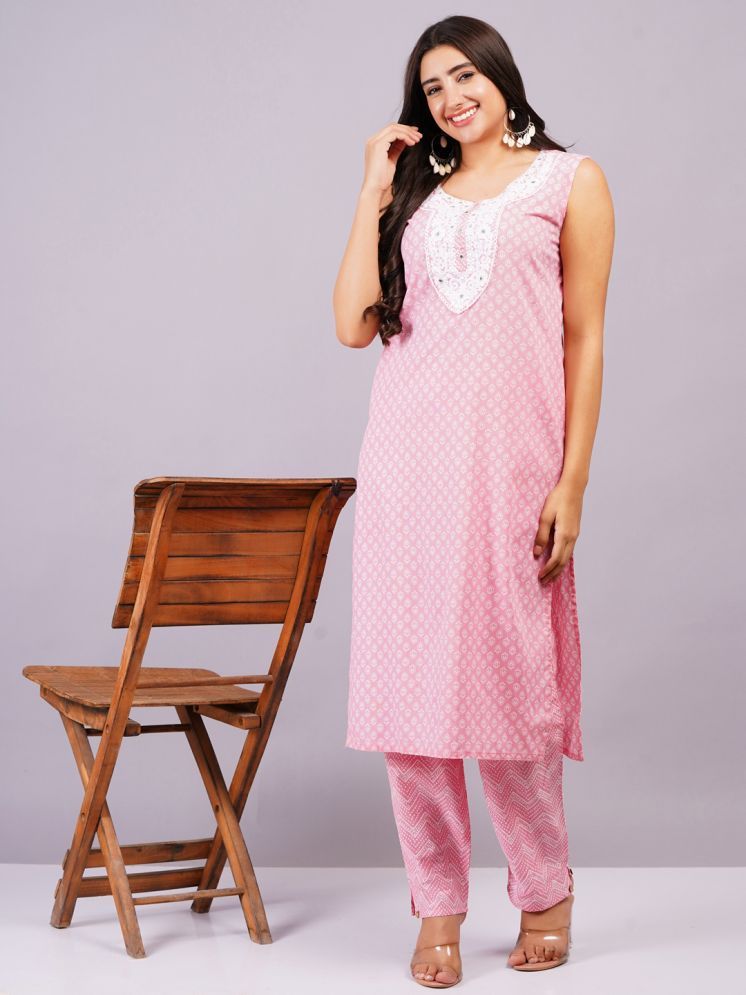     			JC4U Cotton Printed Kurti With Pants Women's Stitched Salwar Suit - Pink ( Pack of 1 )