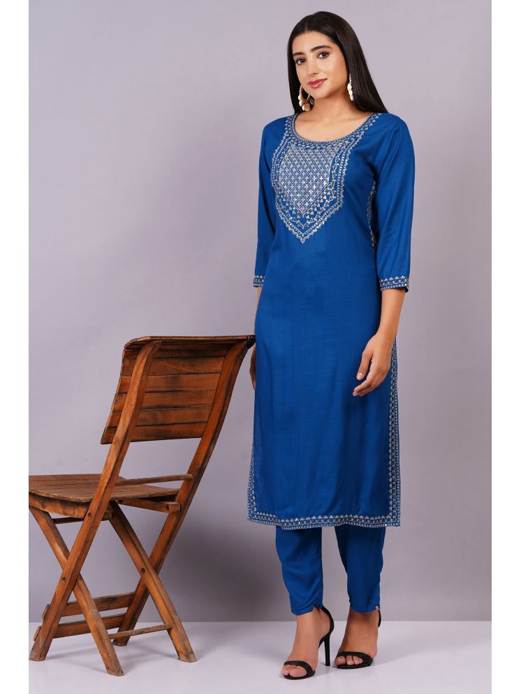     			Jyoti Rayon Embroidered Kurti With Pants Women's Stitched Salwar Suit - Blue ( Pack of 1 )