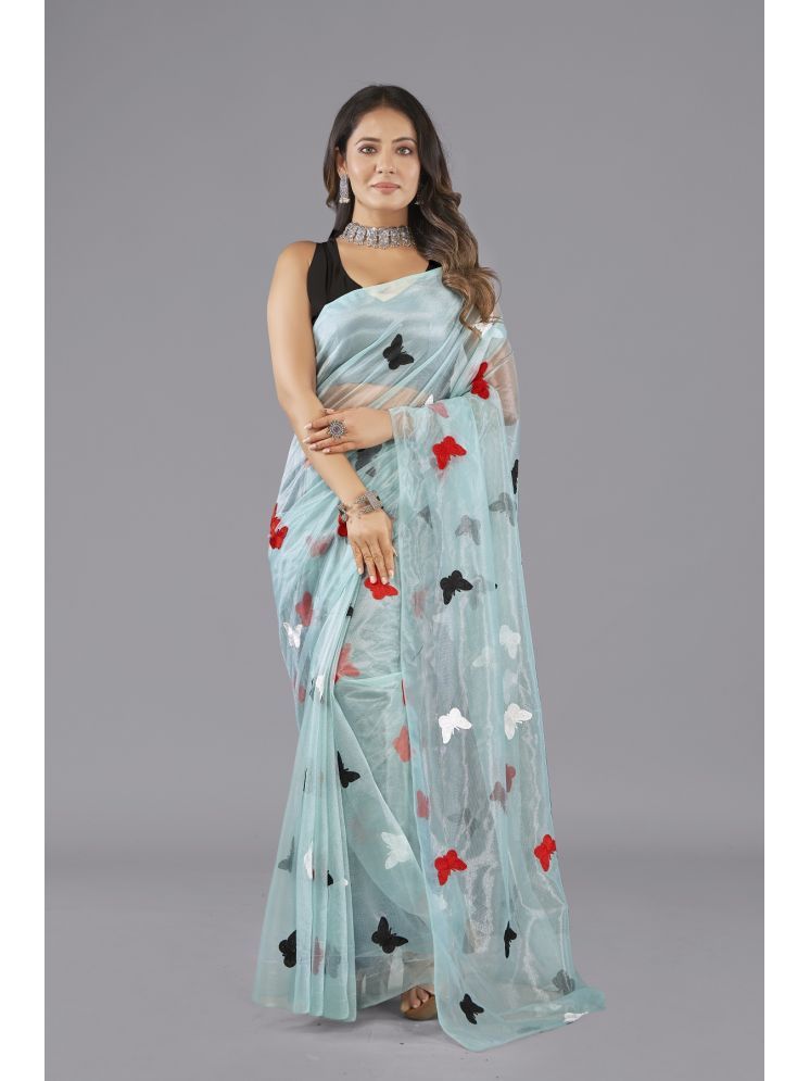     			Lady Shopi Net Embroidered Saree With Blouse Piece - Teal ( Pack of 1 )