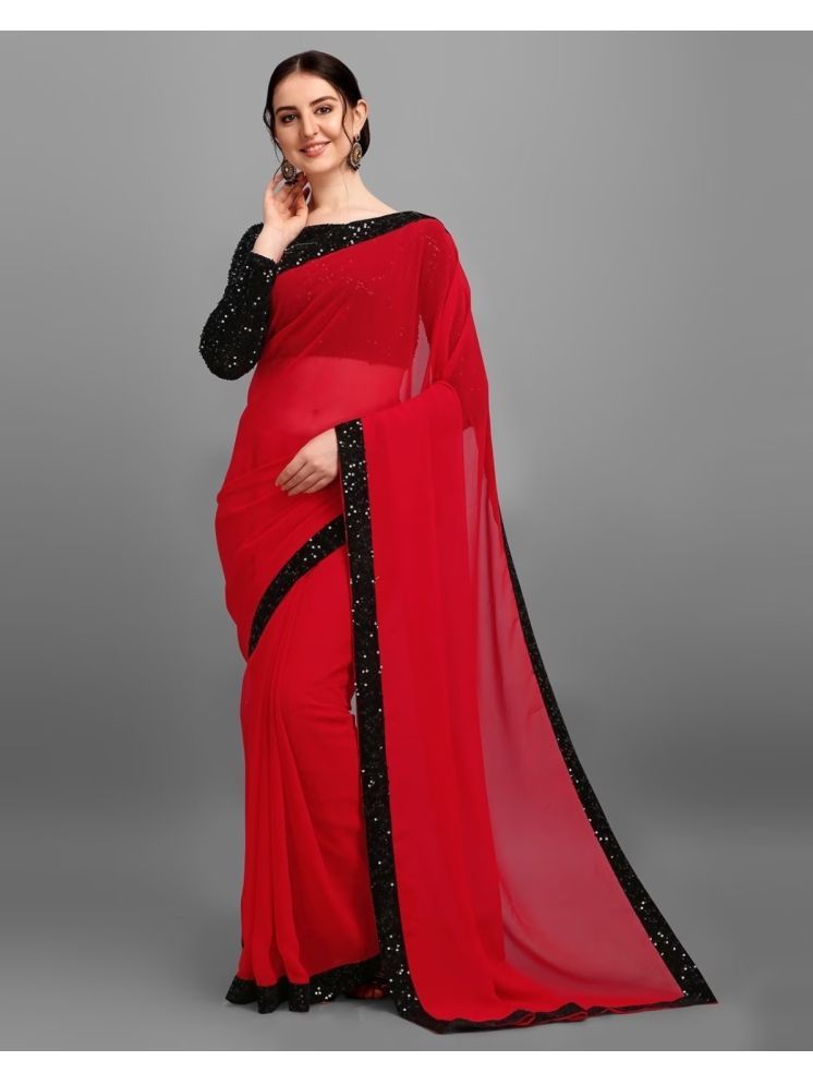     			Lady Shopi Georgette Embellished Saree With Blouse Piece - Red ( Pack of 1 )