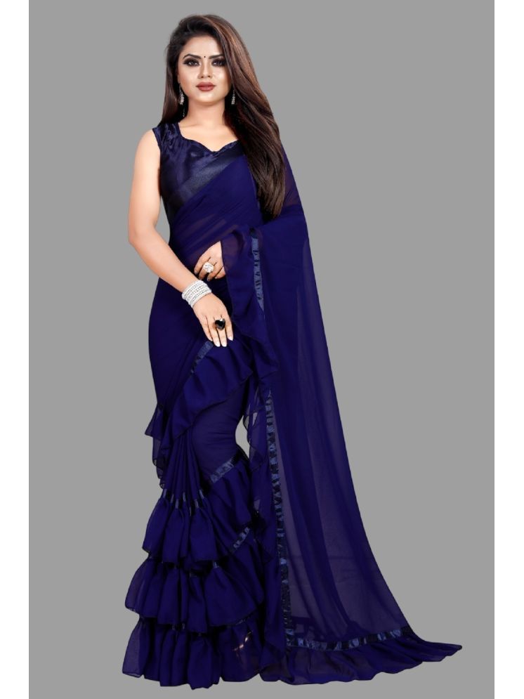     			Lady Shopi Georgette Solid Saree With Blouse Piece - Navy Blue ( Pack of 1 )