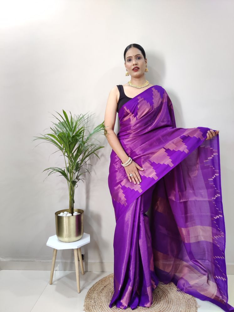     			Lady Shopi Jacquard Embellished Saree With Blouse Piece - Purple ( Pack of 1 )