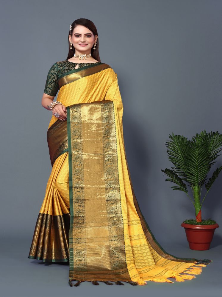     			Lady Shopi Jacquard Embellished Saree With Blouse Piece - Yellow ( Pack of 1 )