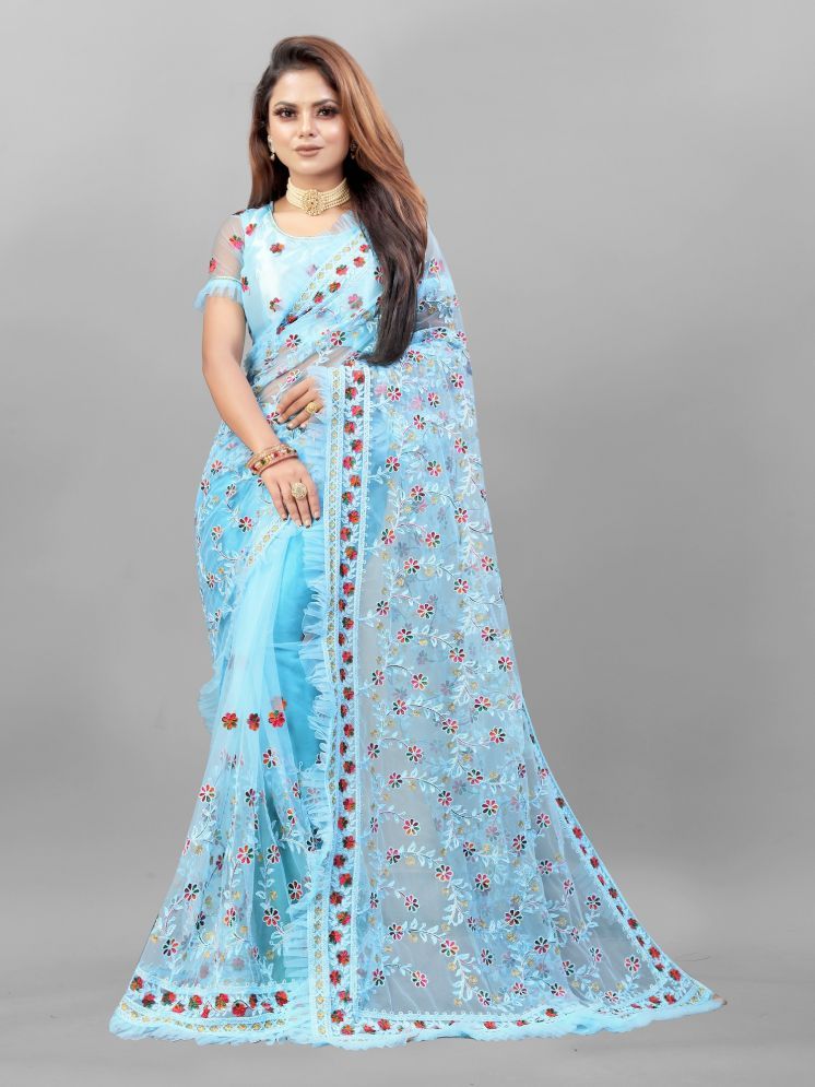     			Lady Shopi Net Embellished Saree With Blouse Piece - SkyBlue ( Pack of 1 )