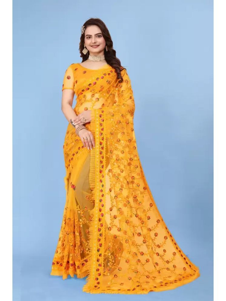     			Lady Shopi Net Embroidered Saree With Blouse Piece - Yellow ( Pack of 1 )