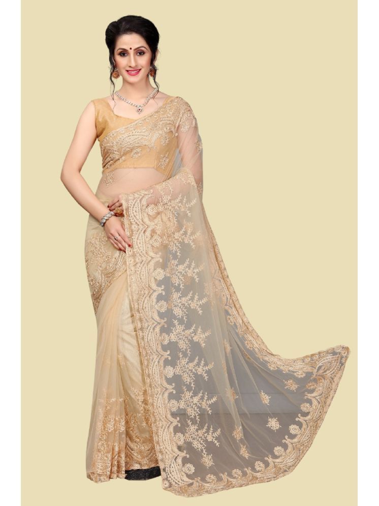     			Lady Shopi Net Embroidered Saree With Blouse Piece - Cream ( Pack of 1 )